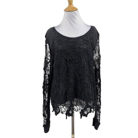 Free People Sweaters - Free People Sweater Womens Medium Dark Gray Pretty Rad Lace Overlay Split Back